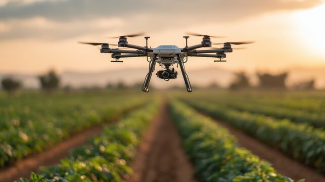 Agricultural drone flying above crop rows at sunset. Precision farming technology monitoring plants in field. Smart agriculture and modern crop management for sustainable food production.