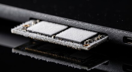 Solid state storage component partially inserted into a dark electronic housing shows surface frost