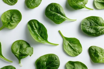 Obraz premium Close-up of vibrant green spinach on a white surface