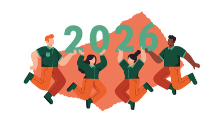 Diverse Team Celebrating 2026. Flat Vector Illustration. New Year Goals.