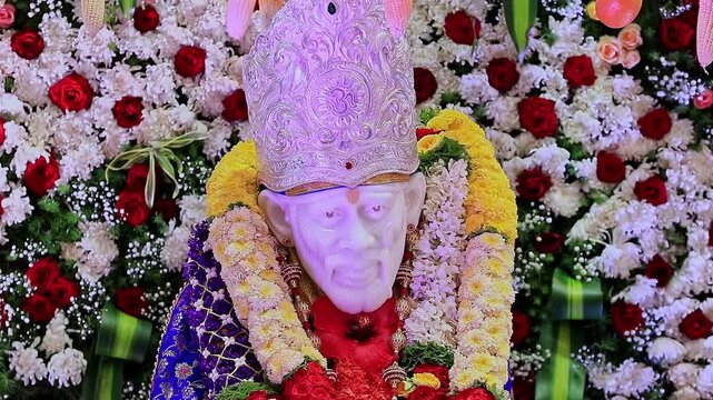 A closeup video of Sai Baba or Sai Ram idol surrounded by floral decorations inside the temple