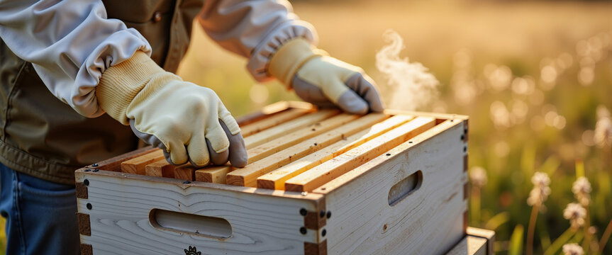 Beekeeper removing lid from hive in sunny field with dandelions  