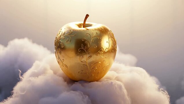 Golden apple with floral engraving rests atop fluffy clouds in soft daylight