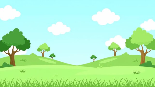 A bright, peaceful cartoon vector illustration of rolling green hills and trees under a clear blue sky.