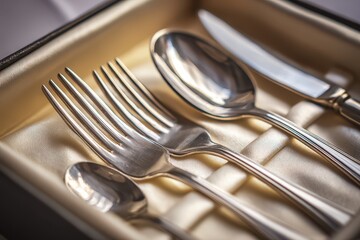 Close-up photograph of elegant cutlery arranged in a presentation box featuring forks and spoons
