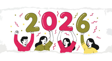 Naklejka premium Happy New Year 2026 Celebration. Group of people holding numbers. Flat illustration. Festive banner.