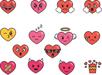 Fototapeta premium Cute Cartoon Heart Emojis with Funny Expressions and Emotions Set | Kawaii Love Character Icons Vector Illustration