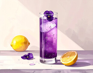 Purple cocktail with lemon and flower illustration
レモンと花を添えた紫色のカクテルイラスト