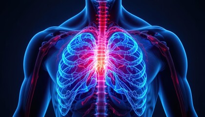 Glowing human torso with highlighted spine and ribcage anatomy