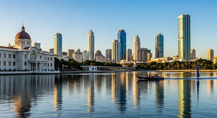 Fototapeta premium A stunning modern city skyline with glass skyscrapers reflects in calm waterfront ripples next to a classical domed building.