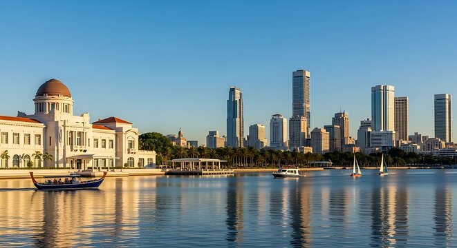 A stunning modern city skyline with glass skyscrapers reflects in calm waterfront ripples next to a classical domed building.