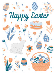 Happy easter greeting card design with pastel eggs, flowers and basket, modern vector illustration