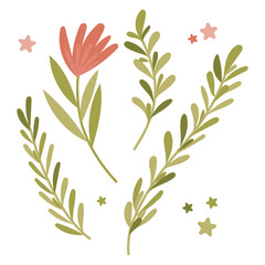 Floral branches and leaves with small stars, spring wreath elements vector illustration isolated on white