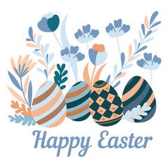 Happy easter greeting card with decorated eggs, flowers and spring elements, pastel vector illustration