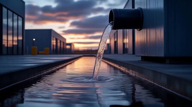 Water flowing from a pipe into a metallic channel, buildings in the background with a colorful sunset in sky. It's a striking image that suggests water's importance