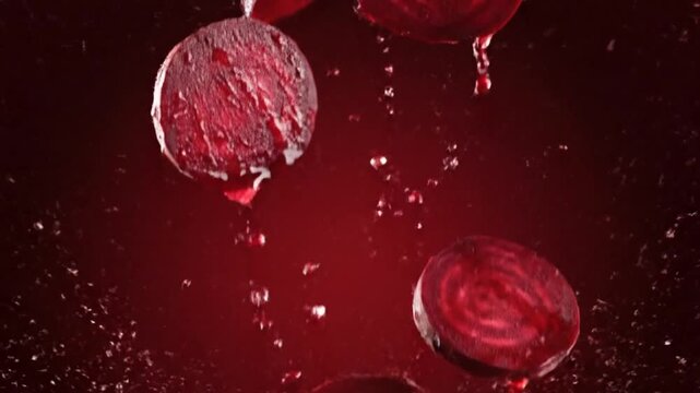 Vibrant red beet slices with glistening liquid droplets, refreshing vegetable ingredient on deep plum backdrop.