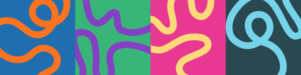 Set of four minimalist abstract square backgrounds with vibrant, playful winding lines and bold color palettes. Perfect for social media and covers. © Nort Kor