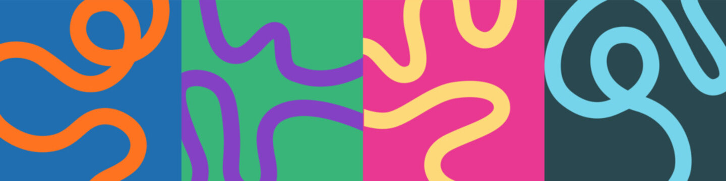 Set of four minimalist abstract square backgrounds with vibrant, playful winding lines and bold color palettes. Perfect for social media and covers.