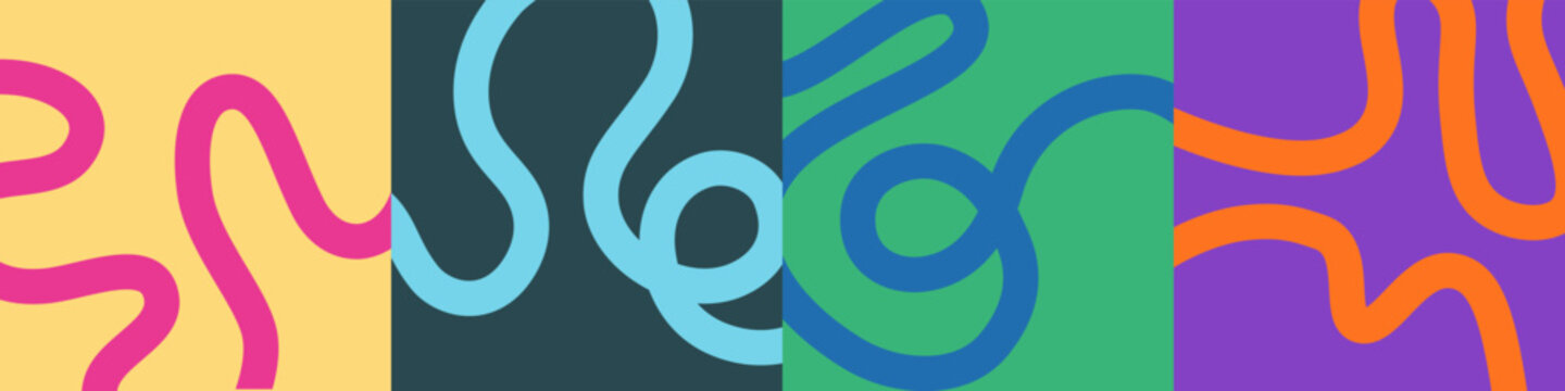 Set of four minimalist abstract square backgrounds with vibrant, playful winding lines and bold color palettes. Perfect for social media and covers.