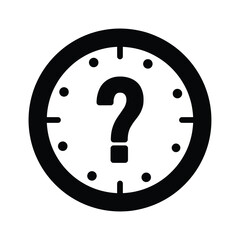 A black and white clock face with a question mark instead of hands