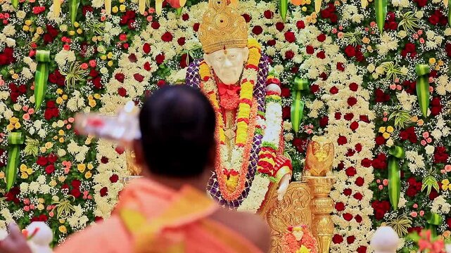 A close-up video of a priest performing puja or aarti to the Sai Baba or Sai Ram idol in the temple