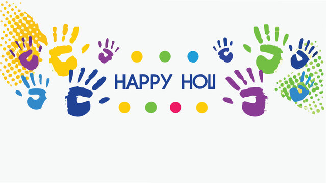 Vibrant holi festival illustration with multicolor handprints and dots on white background celebrating happy holi