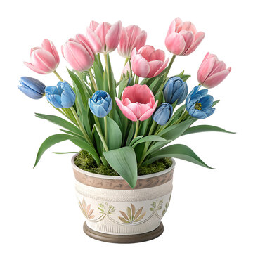 Vibrant spring tulips blooming in an elegant ornate planter, fresh floral arrangement for interior decor.