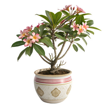 Exotic Plumeria rubra plant in decorative pot, tropical flower bonsai for interior design, 3D rendering.
