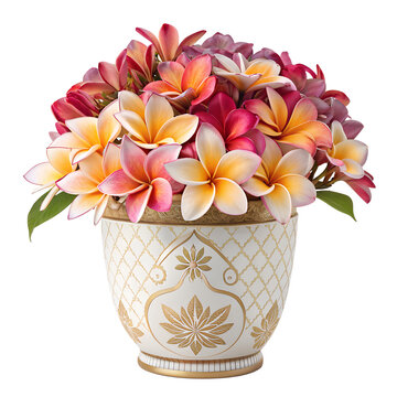 Luxurious bouquet of colorful plumeria flowers in ornamental ceramic pot isolated on white background.