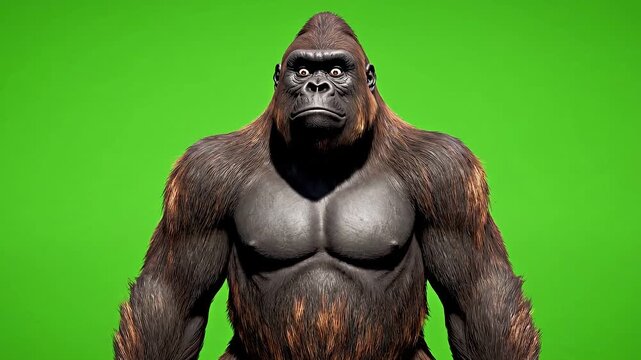 Powerful silverback gorilla flexing its massive muscles aggressively against a bright green screen background