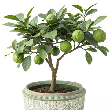 Kaffir Lime Tree with Green Fruit in Ornate Ceramic Pot Isolated on White