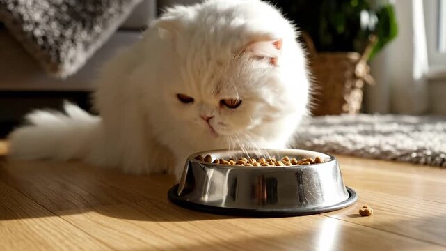 Fluffy white Persian cat intently focuses on eating dry kibble from a shiny stainless steel feeding bowl indoors.