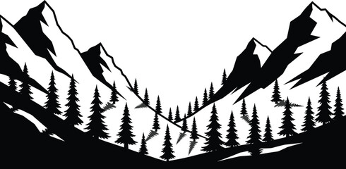 Black and White Mountain Landscape Silhouette Vector Illustration with Pine Forest Trees for Outdoor Adventure Wilderness Travel and Nature Graphic Design © MdAnowarHossain