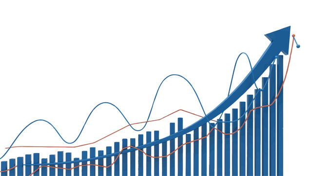 Dynamic financial growth chart illustrating increasing market trends and successful business progress with upward moving lines and bars, symbolizing economic expansion and positive outlook