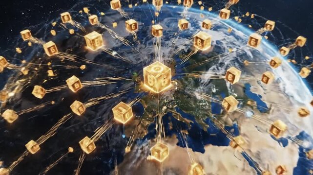 A dynamic 3D animation showcases an intricate global network composed of numerous glowing, golden cubic objects, each prominently featuring the digit '6' on its illuminated faces. These radiant cubes 