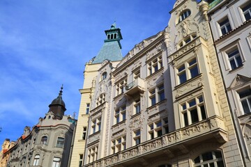 Fototapeta premium Prague street view. Siroka street architecture in Josefov district in Prague, Czech Republic.