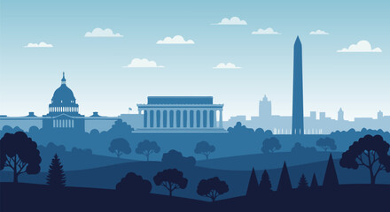 Serene Washington D.C. skyline vector illustration, featuring iconic American landmarks in a layered blue cityscape, perfect for digital and print media © PDWN Creative