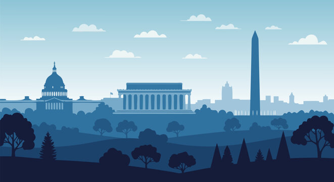 Serene Washington D.C. skyline vector illustration, featuring iconic American landmarks in a layered blue cityscape, perfect for digital and print media