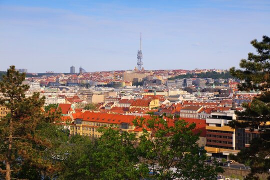 Cityscape of Prague with Zizkov neighborhood. Prague city, Czech Republic.
