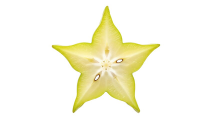 Isolated cross-section of carambola fruit, also known as star fruit, in five-pointed star shape