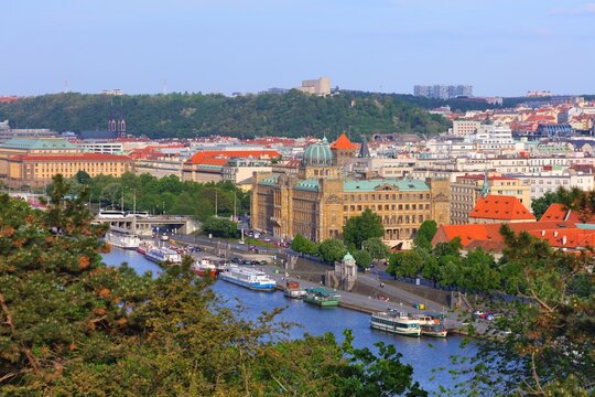 Ministry of Industry and Trade (Ministerstvo Prumyslu a Obchodu) in Prague, Czech Republic. Vitkov hill in background.