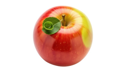 Isolated Gala apple with curled leaf against a plain backdrop, healthy fruit concept