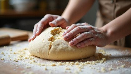 Homemade dough preparation with hands kneading fresh dough on wooden table. Baking process includes floury hands shaping dough for various recipes.