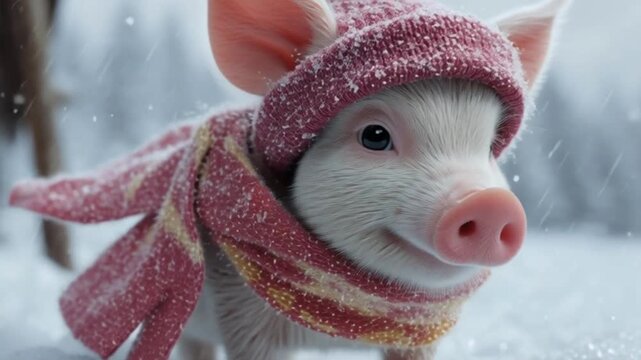 Niedliches Ferkel in Winterkleidung