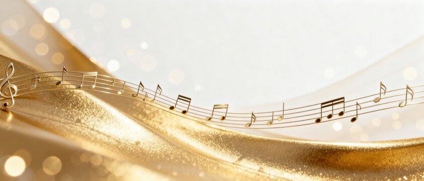 Golden musical notes flowing on a wave staff. Luxury abstract music background banner with copy space