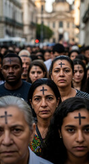 Crowd leaving a Brazilian church after Ash Wednesday mass, people with visible ash crosses, urban street background, on Wednesday Ashes