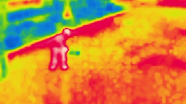 The janitor sweeps the park path. Image from thermal imager device.