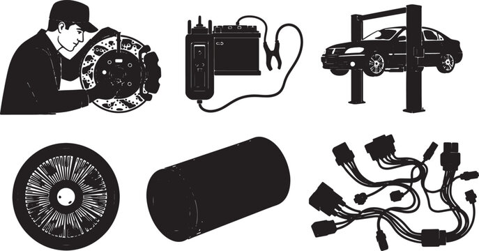 5-6 Black Solid Car Maintenance Silhouettes with Tools