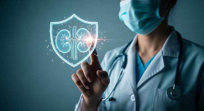 Doctor womans hand touching virtual shield with kidneys. Concept of kidney health awareness and organ protection. Medical care.