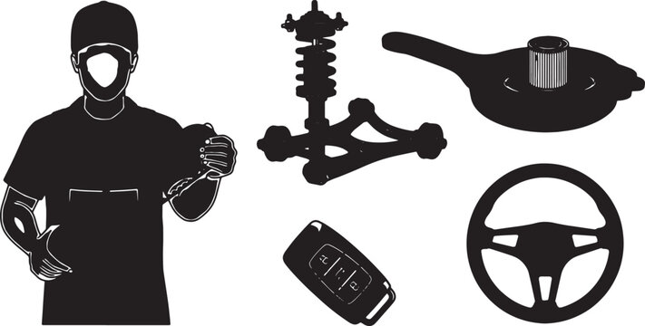 5-6 Black Solid Vehicle Repair Icons Silhouettes on White